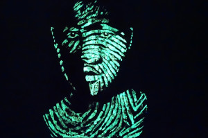 Kyle Theo, self-portrait-finger print, Luminous pigment, Chinese ink paste on paper, 150 x 100 cm (In the dark)