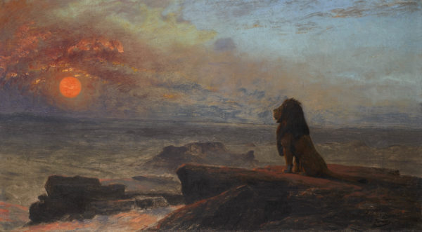 painting of a lion looking towards a sunset