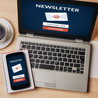Subscribe newsletter concept on laptop and smartphone screen over wooden table.