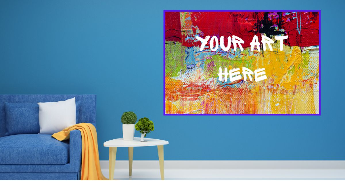 Abstract painting with "Your Art Here" written on it, on wall in well-furnished living room.