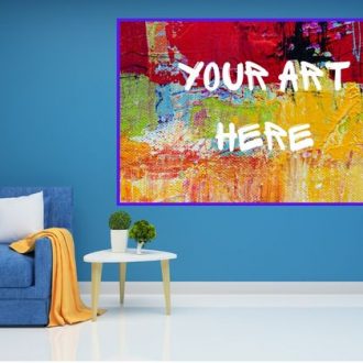 Abstract painting with "Your Art Here" written across it in well-decorated living room